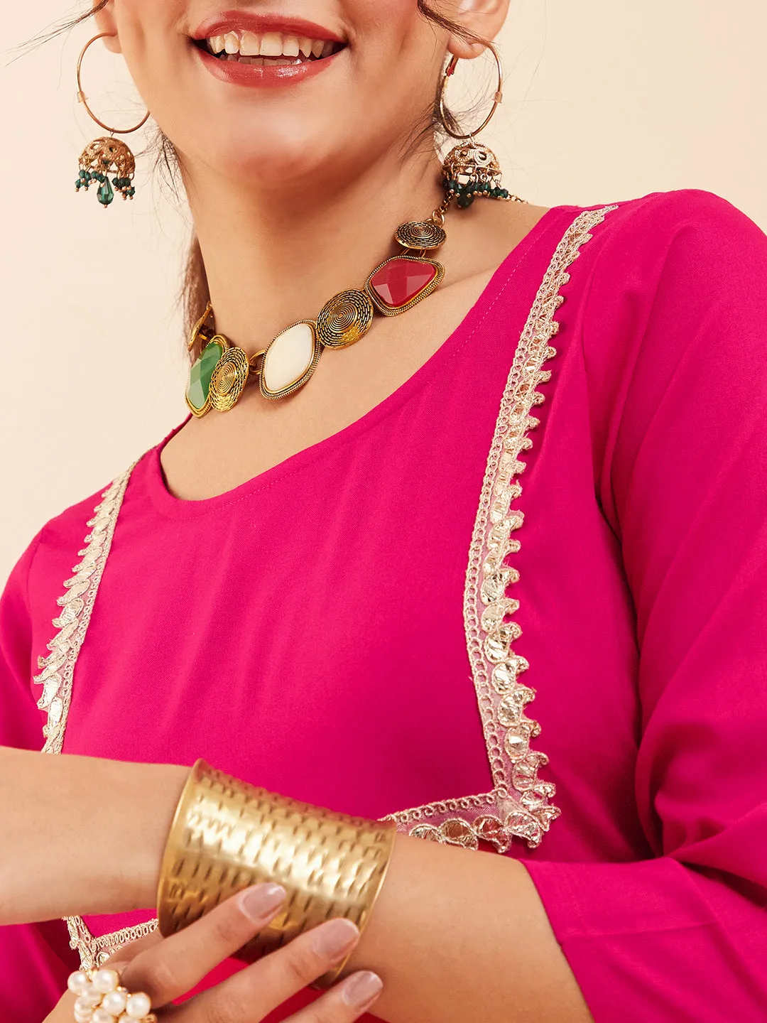 Fuchsia Round Neck Square Gota Work Kurta Pant Set