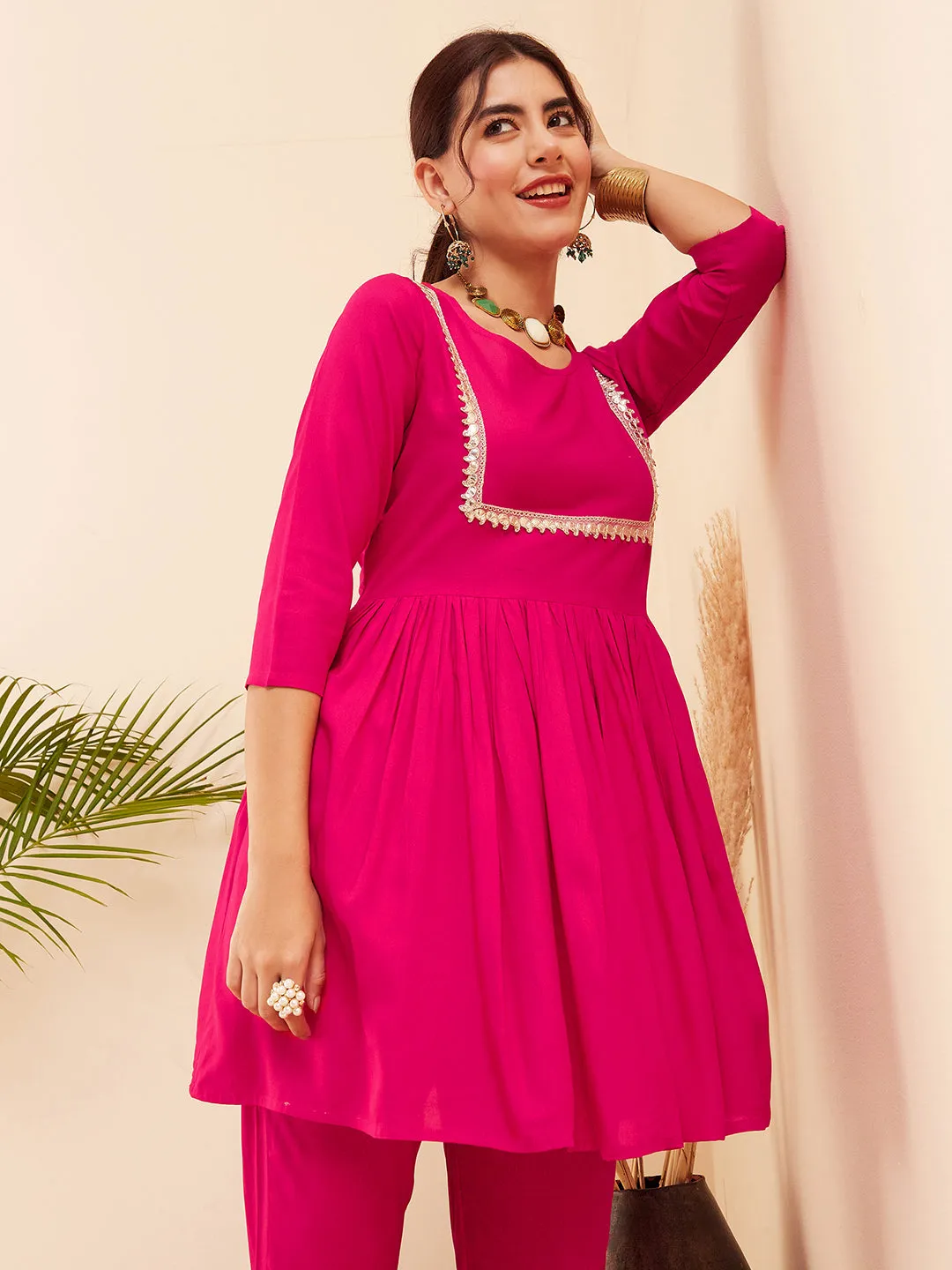 Fuchsia Round Neck Square Gota Work Kurta Pant Set