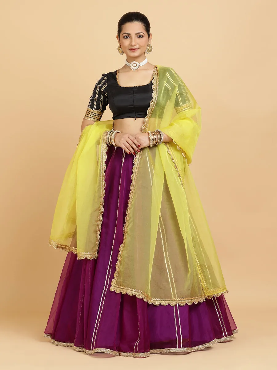 Heer Aziza 3-Piece Lehenga Set | Purple Lehenga, Charcoal Black Blouse | With Saher Lemon Yellow Dupatta