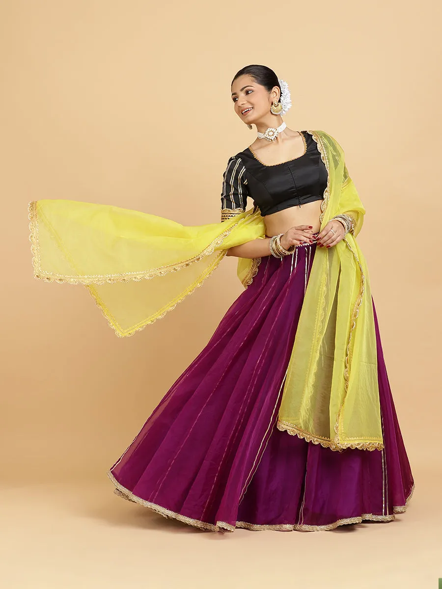 Heer Aziza 3-Piece Lehenga Set | Purple Lehenga, Charcoal Black Blouse | With Saher Lemon Yellow Dupatta