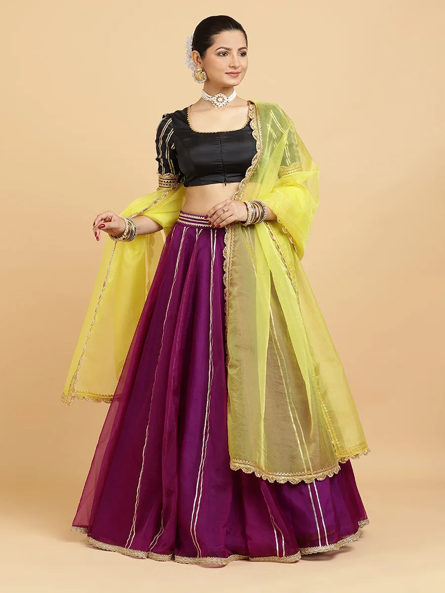 Heer Aziza 3-Piece Lehenga Set | Purple Lehenga, Charcoal Black Blouse | With Saher Lemon Yellow Dupatta