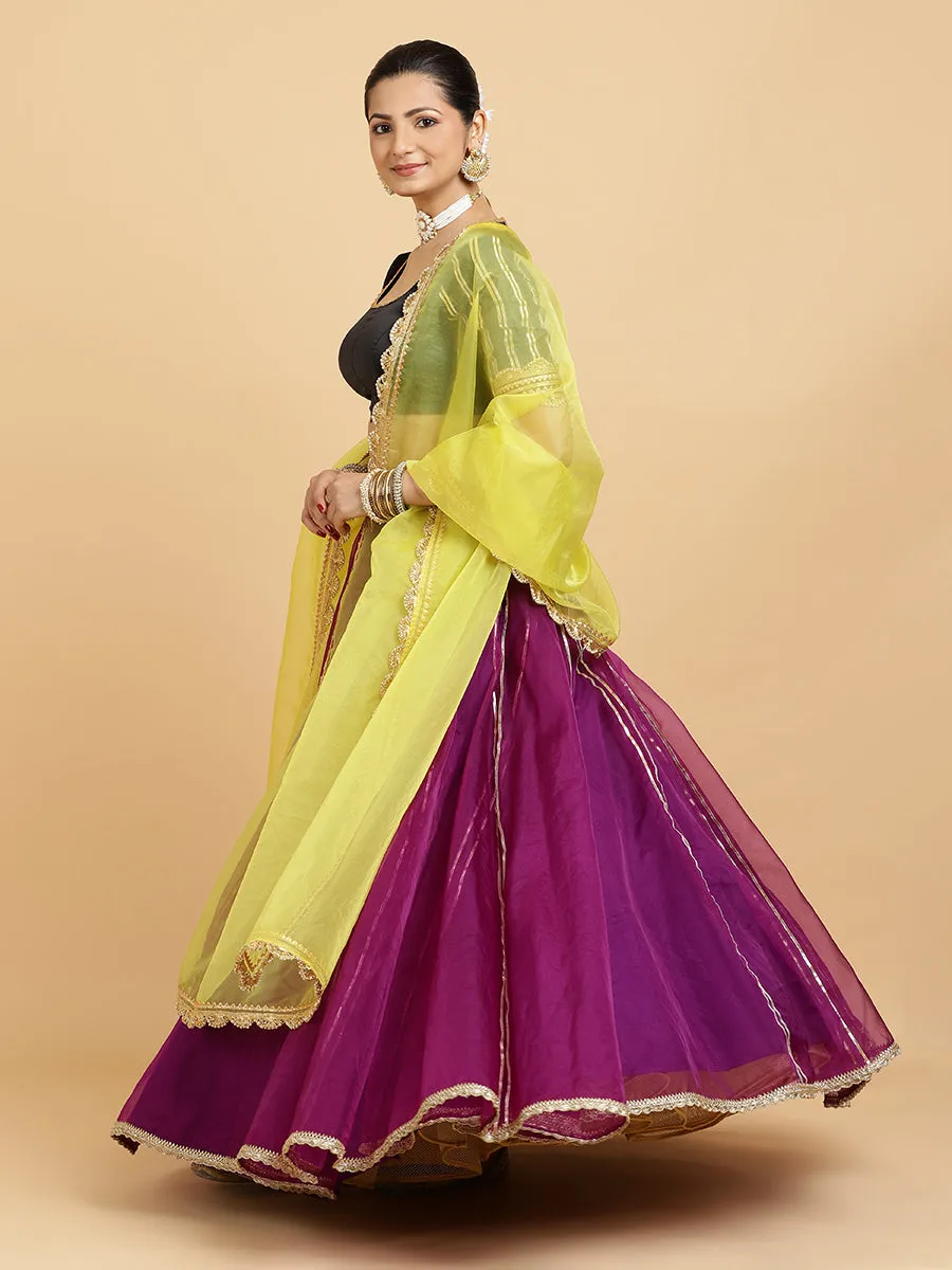 Heer Aziza 3-Piece Lehenga Set | Purple Lehenga, Charcoal Black Blouse | With Saher Lemon Yellow Dupatta