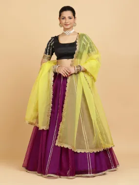 Heer Aziza 3-Piece Lehenga Set | Purple Lehenga, Charcoal Black Blouse | With Saher Lemon Yellow Dupatta