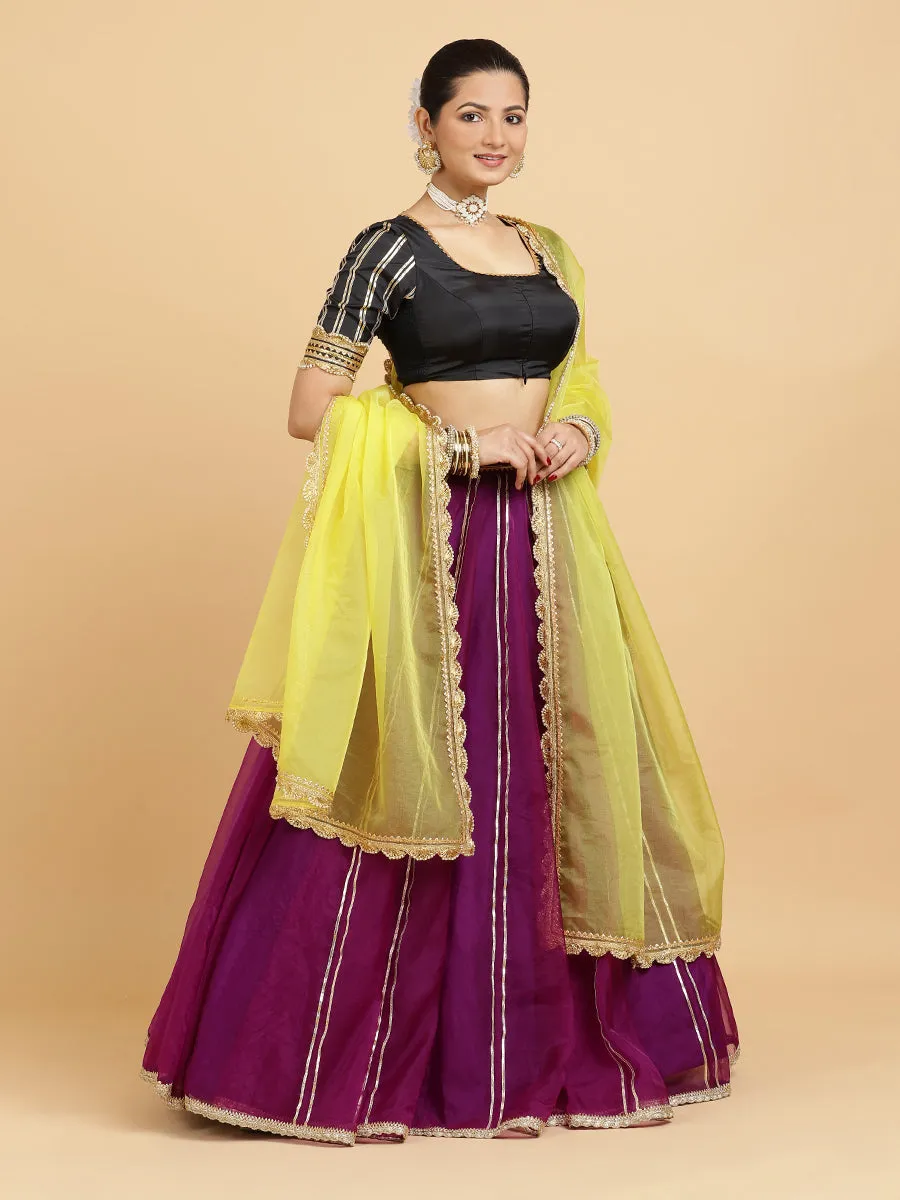 Heer Aziza 3-Piece Lehenga Set | Purple Lehenga, Charcoal Black Blouse | With Saher Lemon Yellow Dupatta