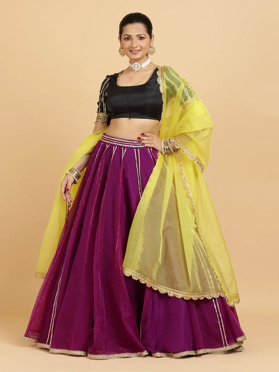 Heer Aziza 3-Piece Lehenga Set | Purple Lehenga, Charcoal Black Blouse | With Saher Lemon Yellow Dupatta