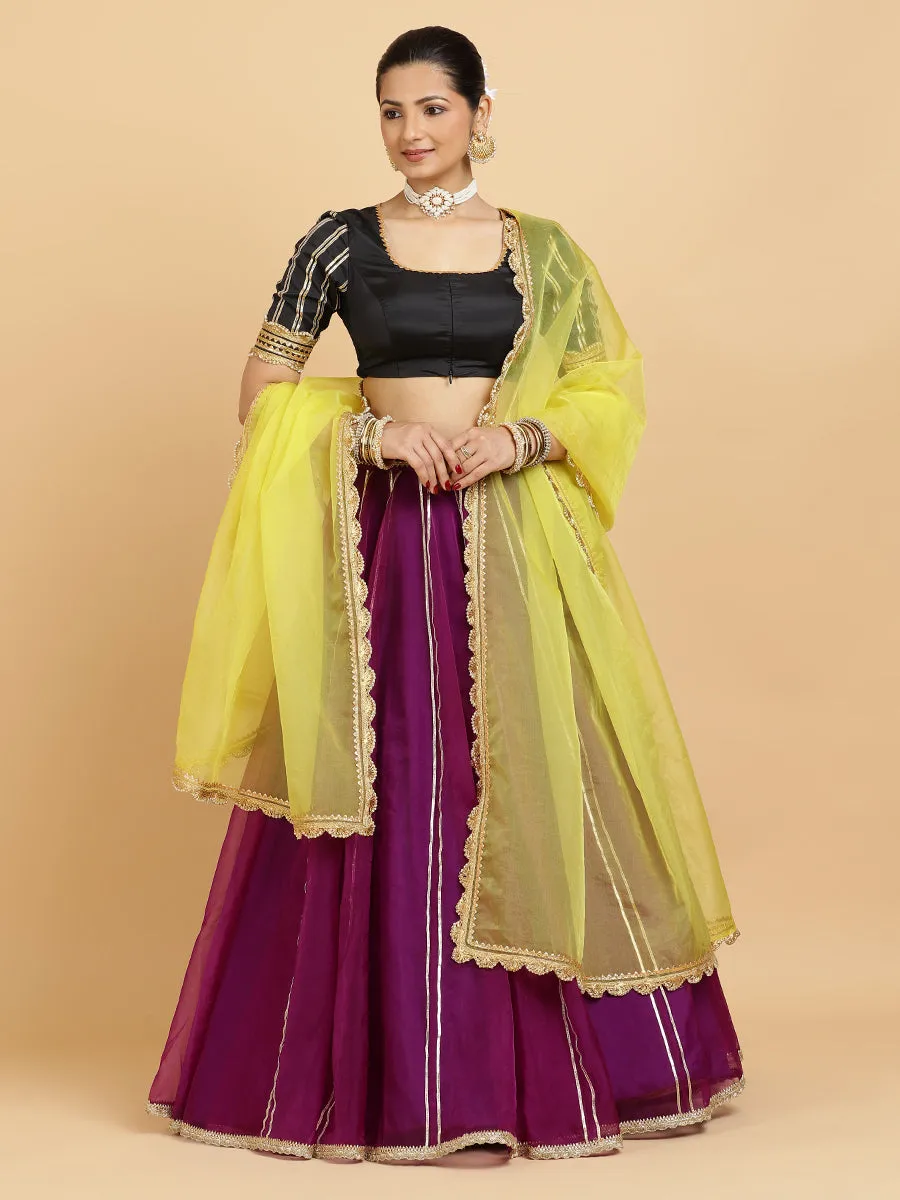Heer Aziza 3-Piece Lehenga Set | Purple Lehenga, Charcoal Black Blouse | With Saher Lemon Yellow Dupatta