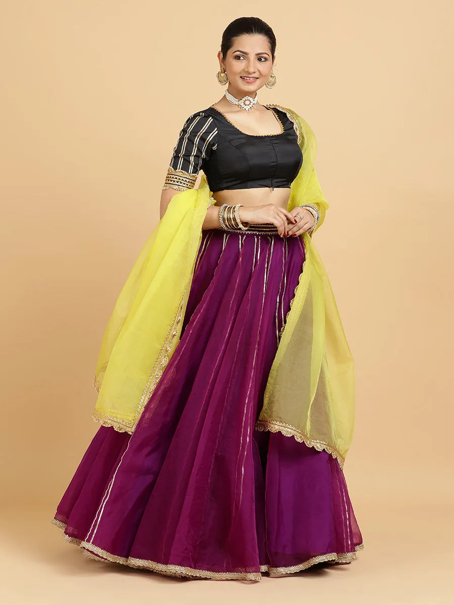 Heer Aziza 3-Piece Lehenga Set | Purple Lehenga, Charcoal Black Blouse | With Saher Lemon Yellow Dupatta