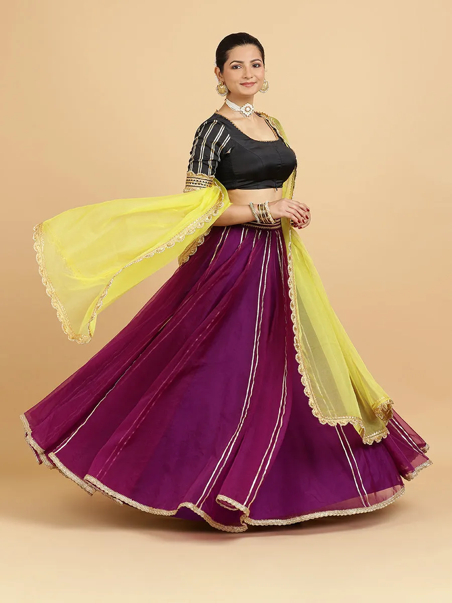 Heer Aziza 3-Piece Lehenga Set | Purple Lehenga, Charcoal Black Blouse | With Saher Lemon Yellow Dupatta