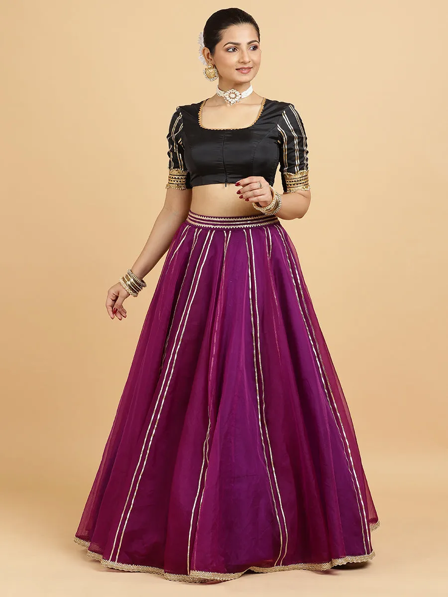 Heer Aziza 3-Piece Lehenga Set | Purple Lehenga, Charcoal Black Blouse | With Saher Lemon Yellow Dupatta