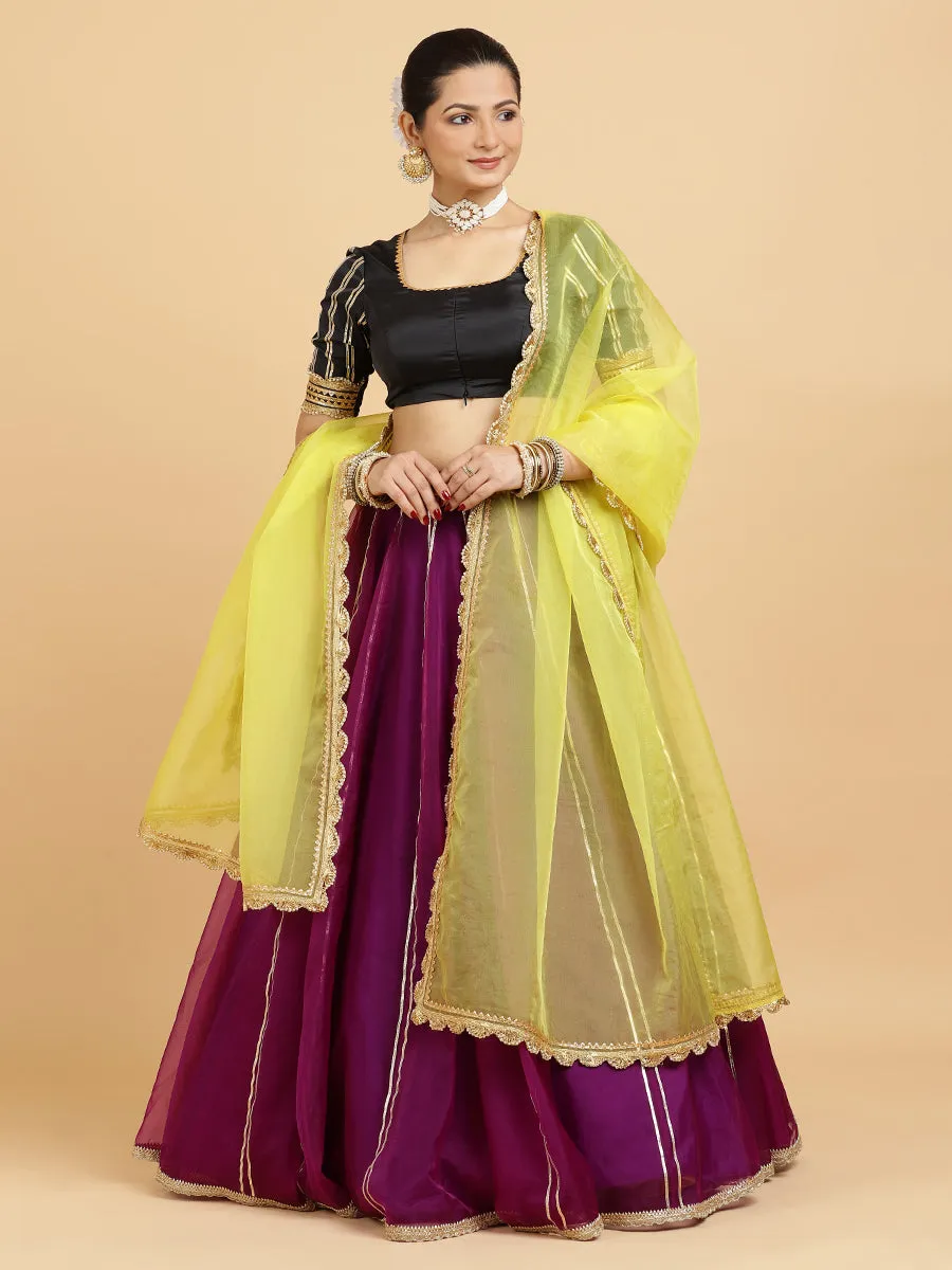 Heer Aziza 3-Piece Lehenga Set | Purple Lehenga, Charcoal Black Blouse | With Saher Lemon Yellow Dupatta