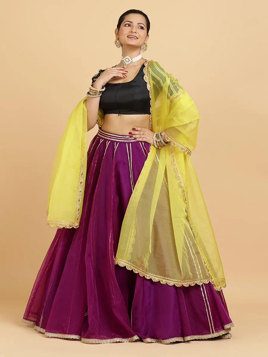 Heer Aziza 3-Piece Lehenga Set | Purple Lehenga, Charcoal Black Blouse | With Saher Lemon Yellow Dupatta
