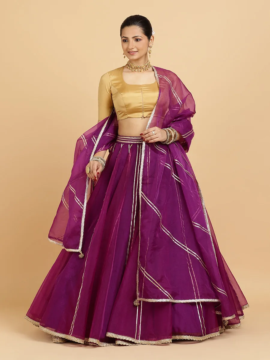 Heer Aziza 3-Piece Lehenga Set | Purple Lehenga, Gold Blouse | With Falak Purple Dupatta