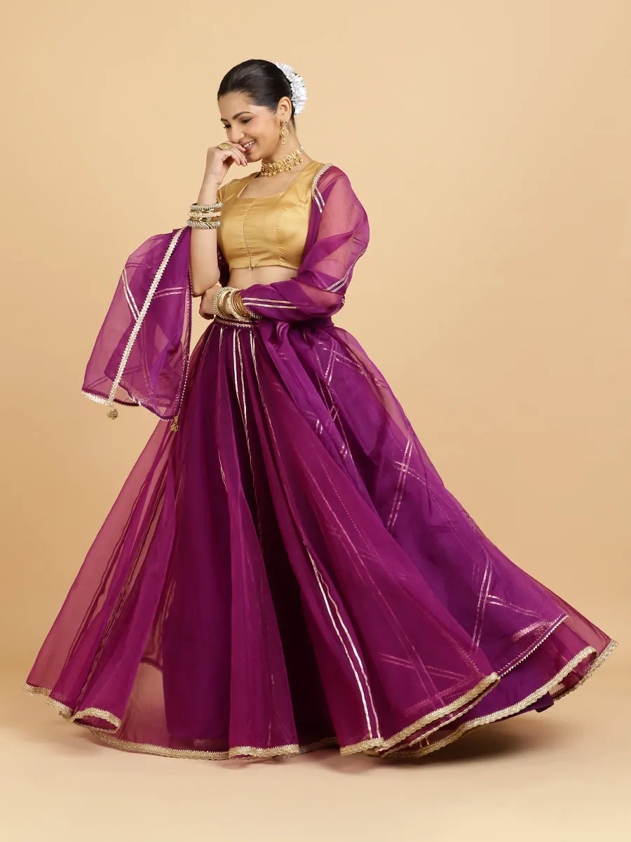 Heer Aziza 3-Piece Lehenga Set | Purple Lehenga, Gold Blouse | With Falak Purple Dupatta