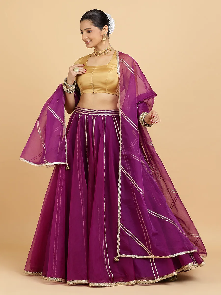 Heer Aziza 3-Piece Lehenga Set | Purple Lehenga, Gold Blouse | With Falak Purple Dupatta