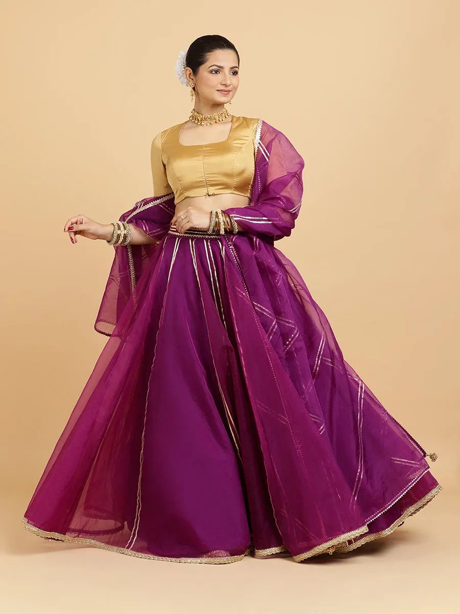 Heer Aziza 3-Piece Lehenga Set | Purple Lehenga, Gold Blouse | With Falak Purple Dupatta