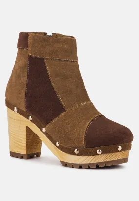 HURON Brown Fine Suede Patchwork Ankle Boots