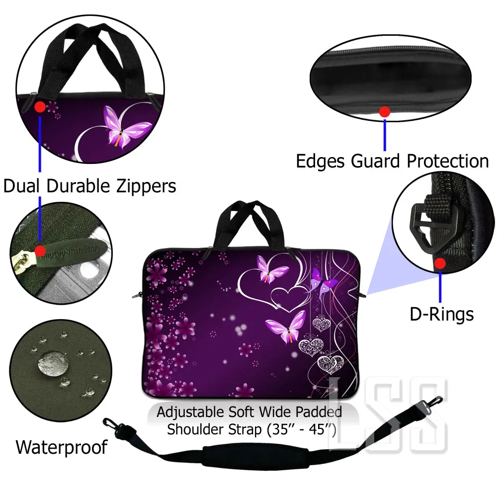 Laptop Notebook Sleeve Carrying Case with Carry Handle and Shoulder Strap - Purple Heart Butterfly