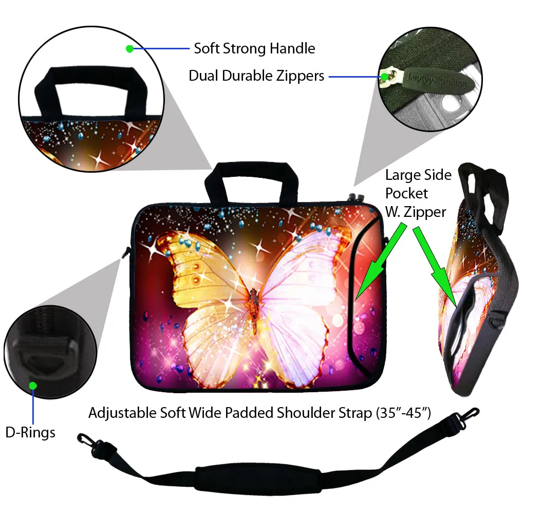 Laptop Sleeve Carrying Case with Large Side Pocket for Accessories and Removable Shoulder Strap - Sparkling Butterfly