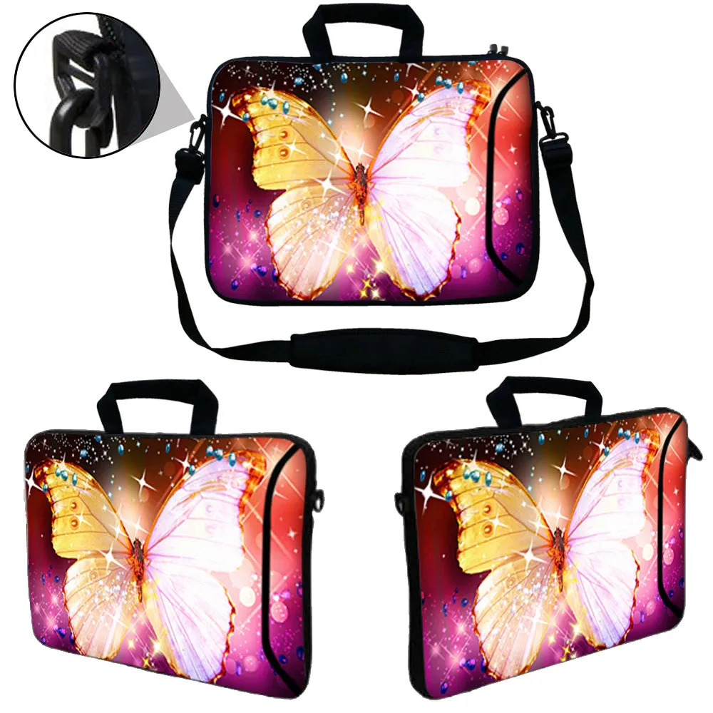 Laptop Sleeve Carrying Case with Large Side Pocket for Accessories and Removable Shoulder Strap - Sparkling Butterfly