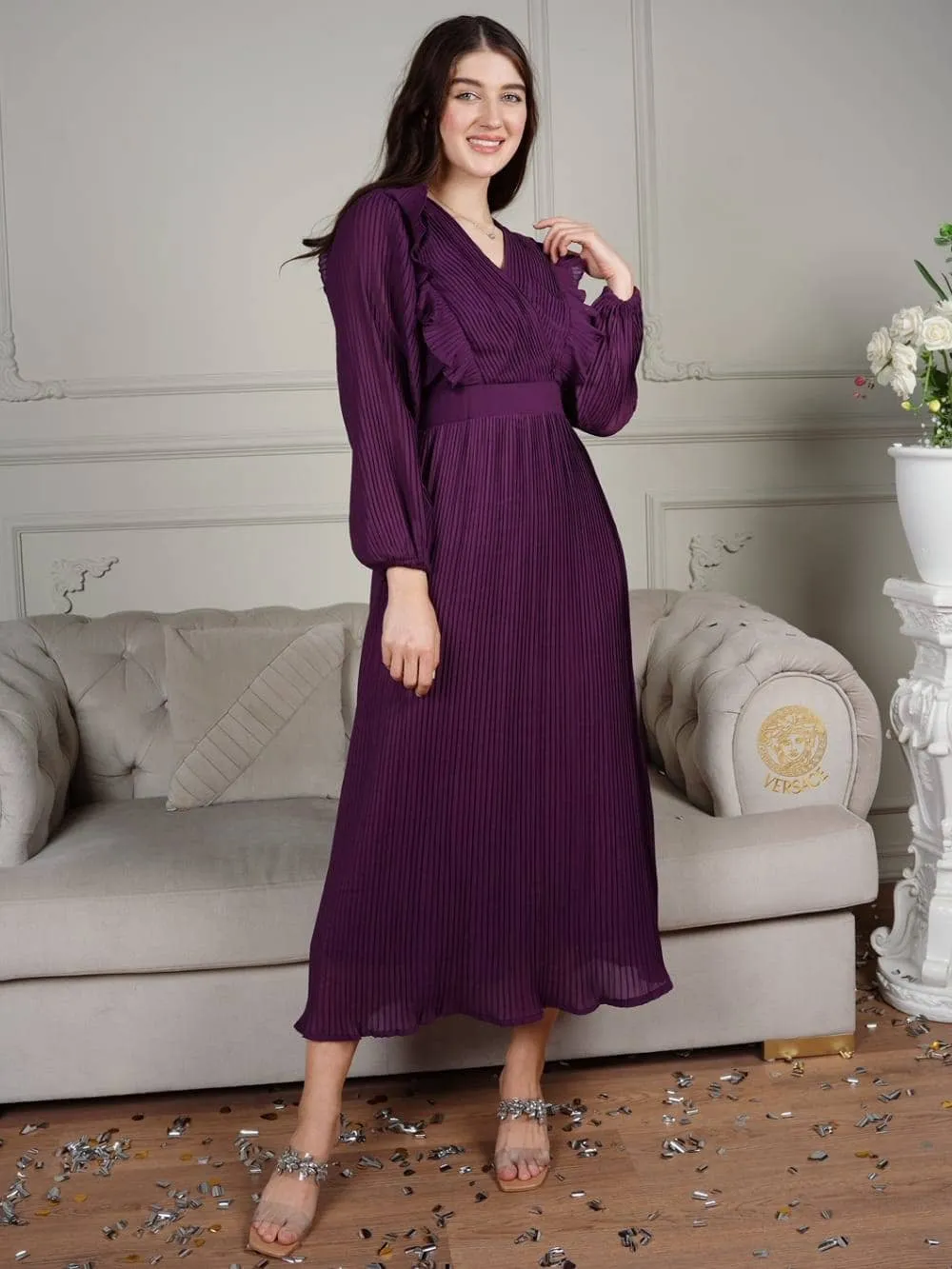 Mini Frilly Pleated Dress In Purple