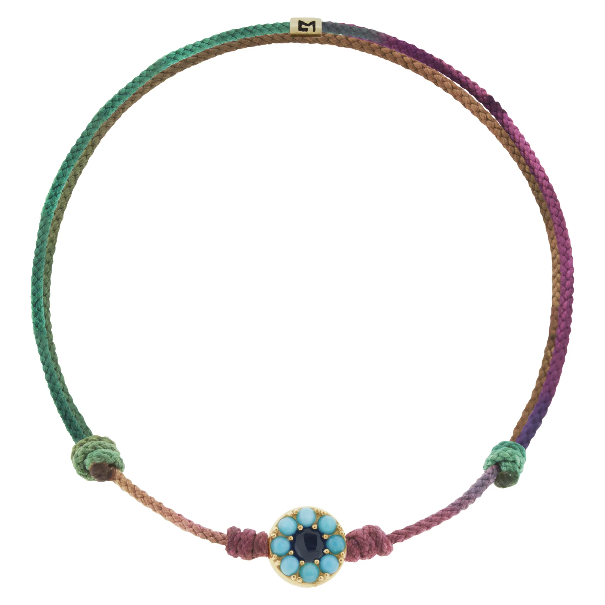 Multi Gemstone Evil Eye Disk on Moody Rainbow Cord Bracelet