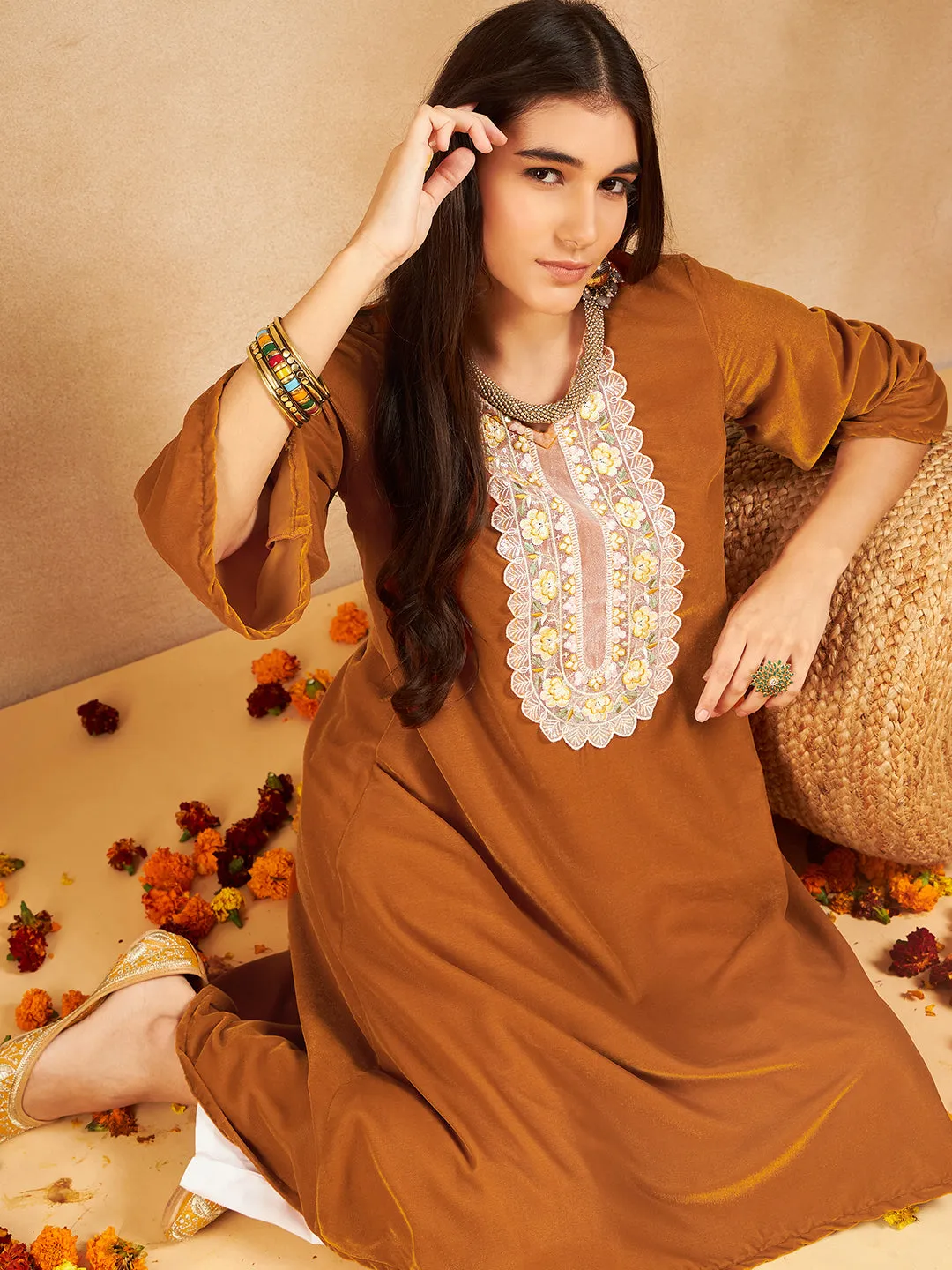 Mustard V Neck Patch Work Velvet Short Kurta