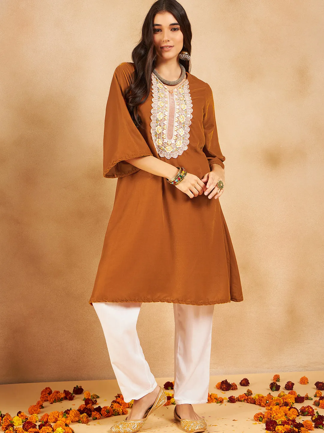 Mustard V Neck Patch Work Velvet Short Kurta