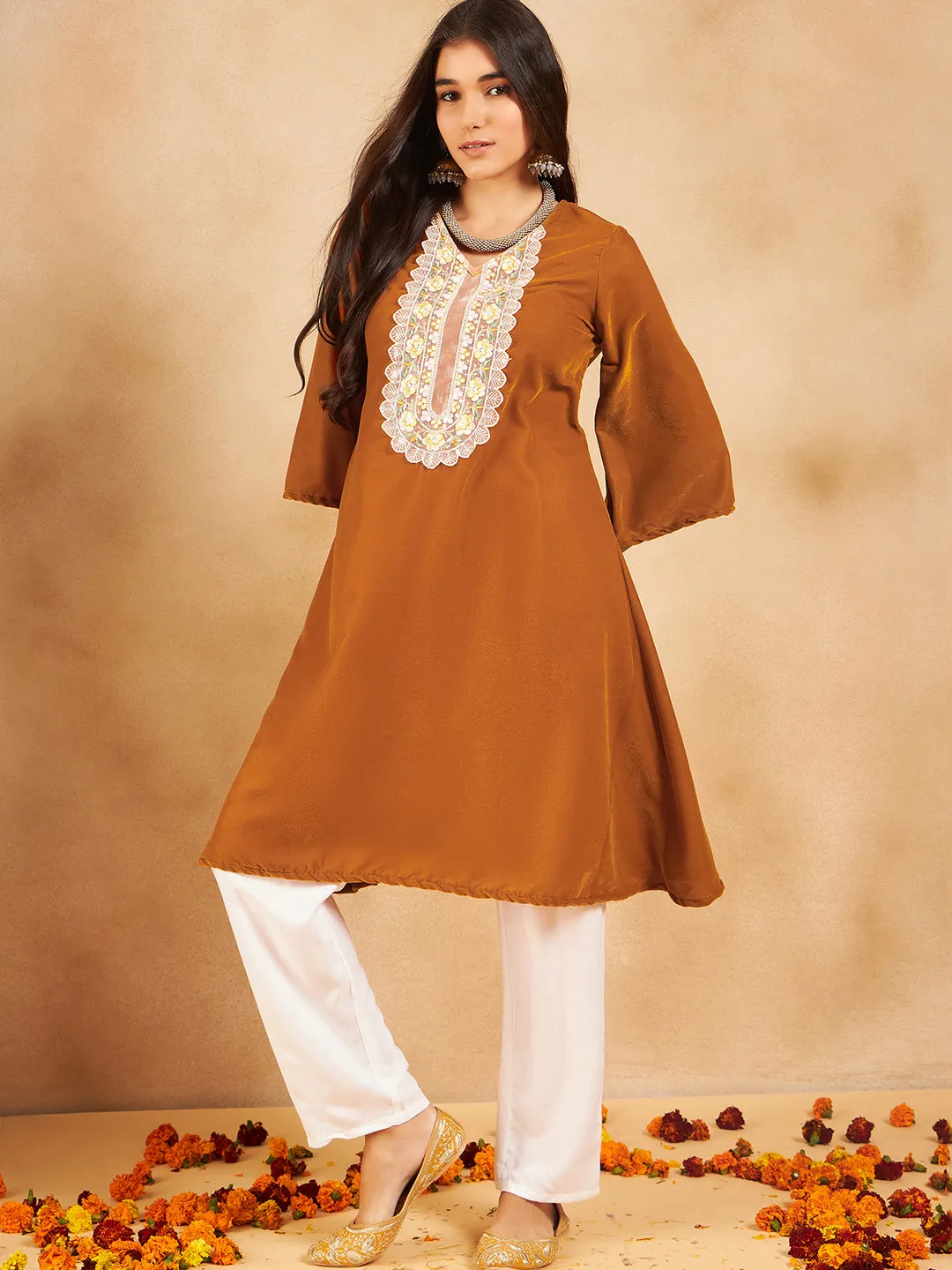 Mustard V Neck Patch Work Velvet Short Kurta
