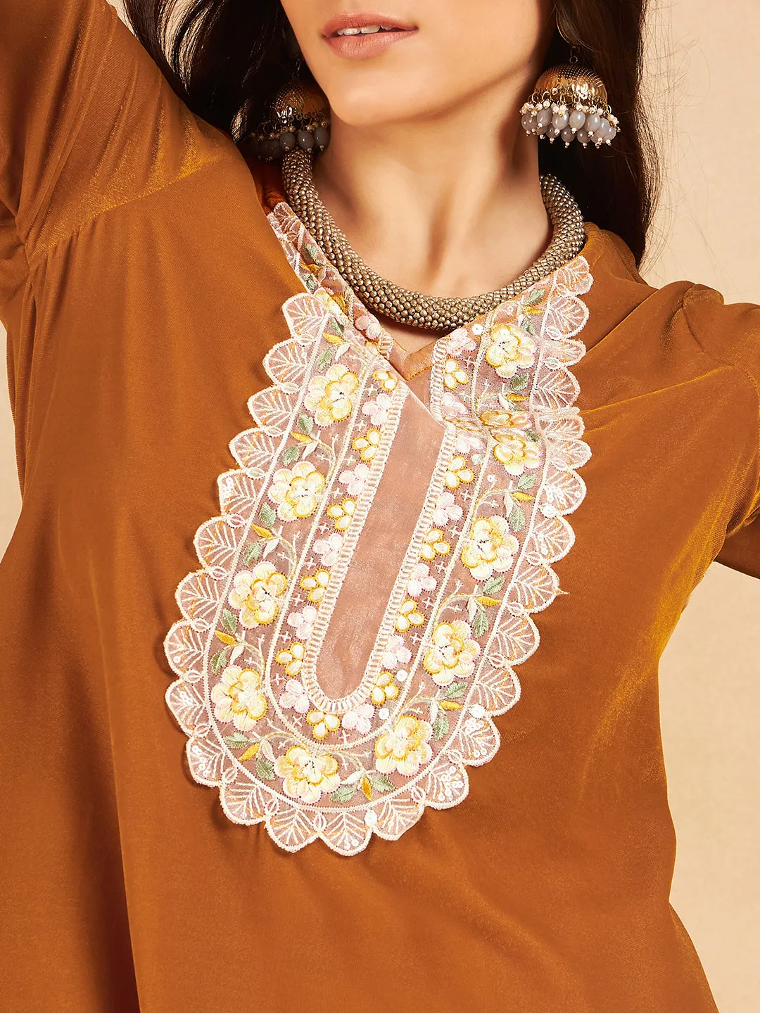 Mustard V Neck Patch Work Velvet Short Kurta
