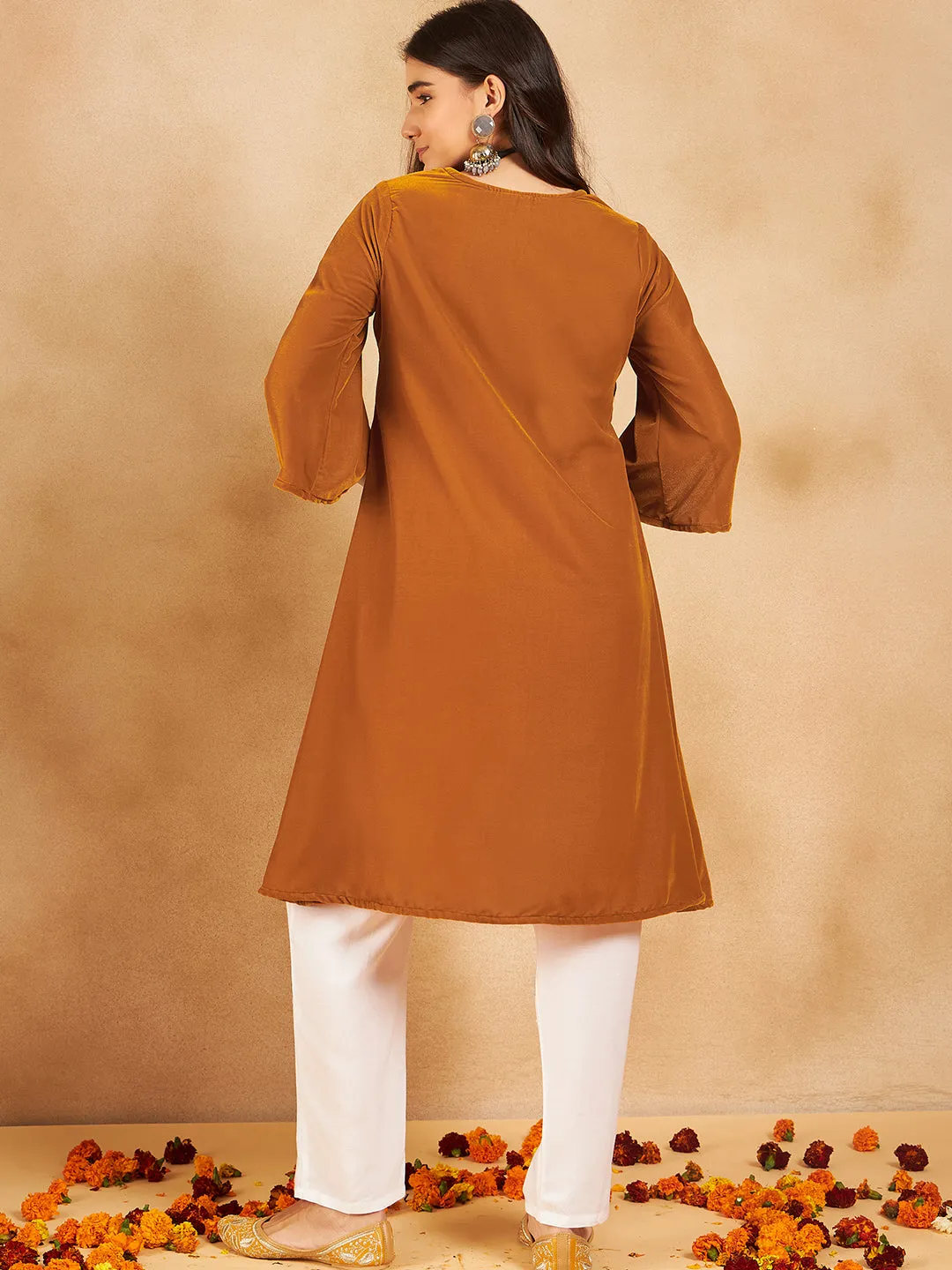 Mustard V Neck Patch Work Velvet Short Kurta