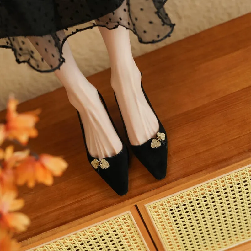 Point Toe Genuine Leather Slingback Kitty Heel Sandals in Black/Green