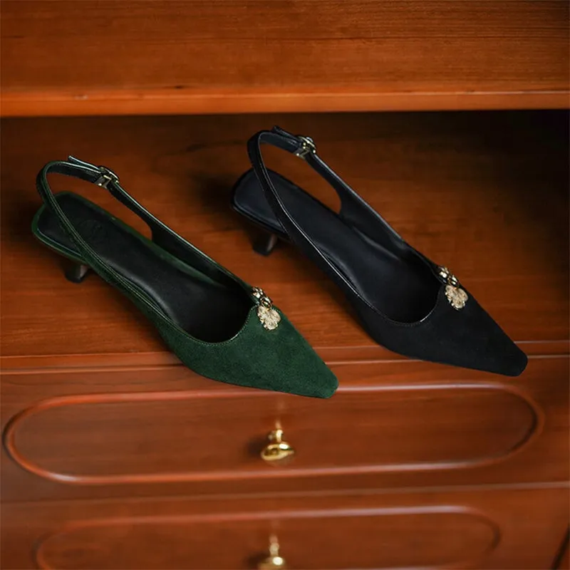 Point Toe Genuine Leather Slingback Kitty Heel Sandals in Black/Green