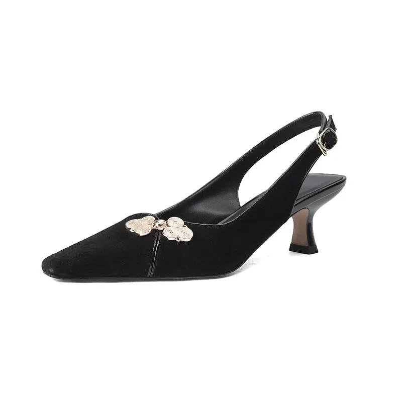 Point Toe Genuine Leather Slingback Kitty Heel Sandals in Black/Green