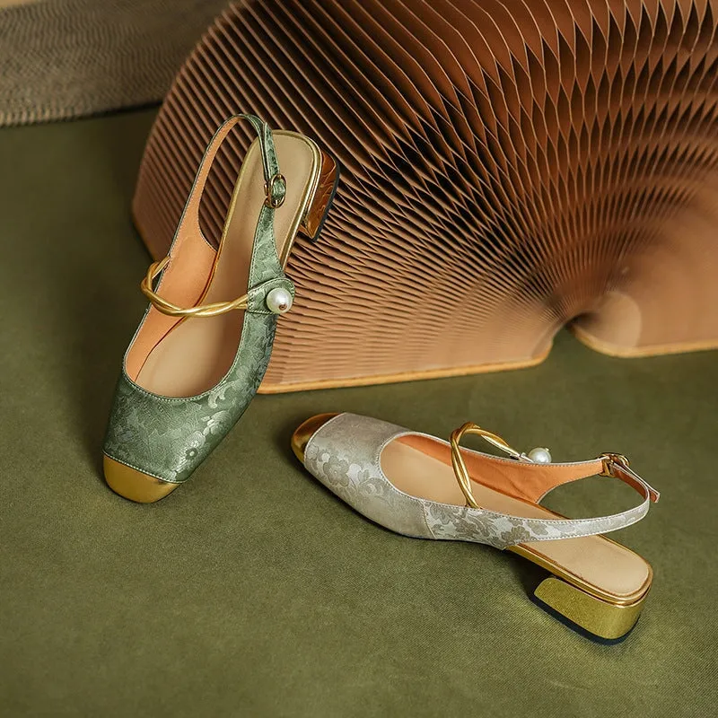 Retro Square Toe Low Heel Sandals Slingback Pumps in Golden/Green