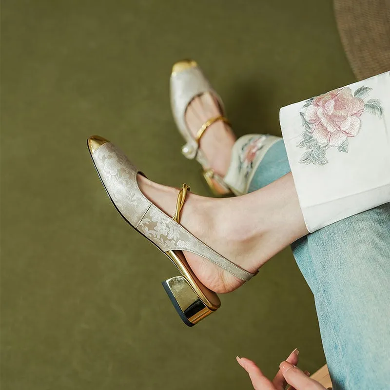 Retro Square Toe Low Heel Sandals Slingback Pumps in Golden/Green