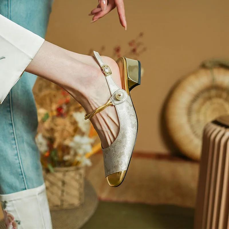 Retro Square Toe Low Heel Sandals Slingback Pumps in Golden/Green
