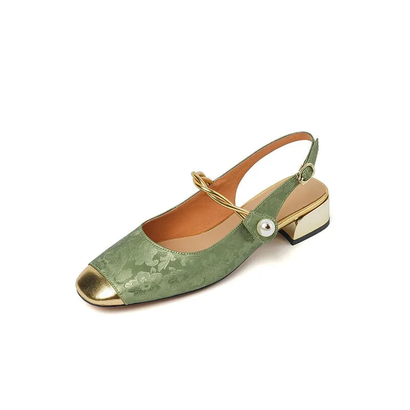 Retro Square Toe Low Heel Sandals Slingback Pumps in Golden/Green