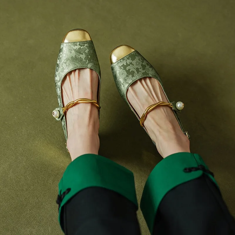 Retro Square Toe Low Heel Sandals Slingback Pumps in Golden/Green