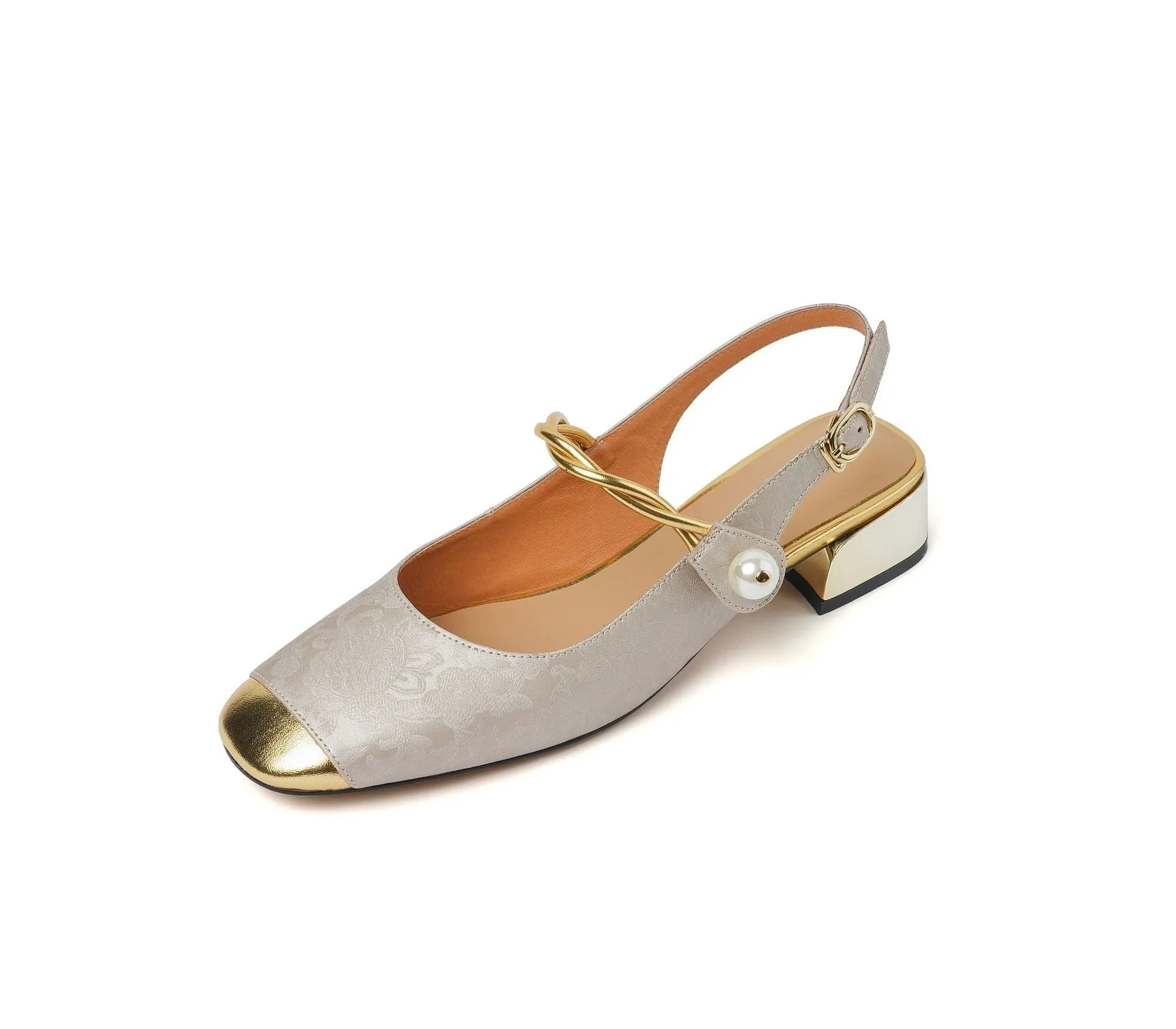 Retro Square Toe Low Heel Sandals Slingback Pumps in Golden/Green