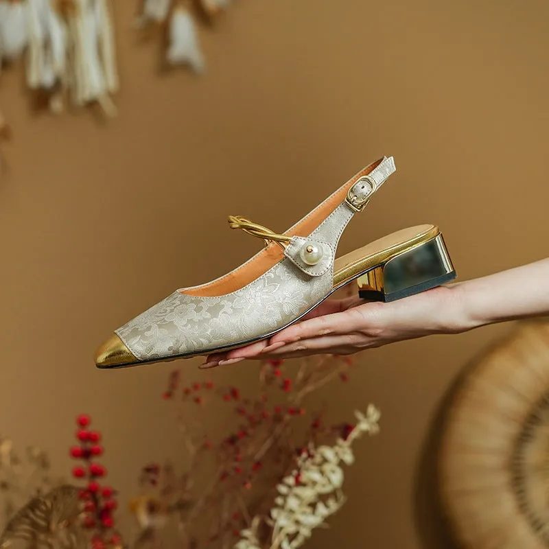 Retro Square Toe Low Heel Sandals Slingback Pumps in Golden/Green