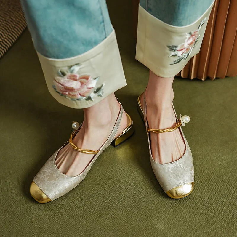 Retro Square Toe Low Heel Sandals Slingback Pumps in Golden/Green