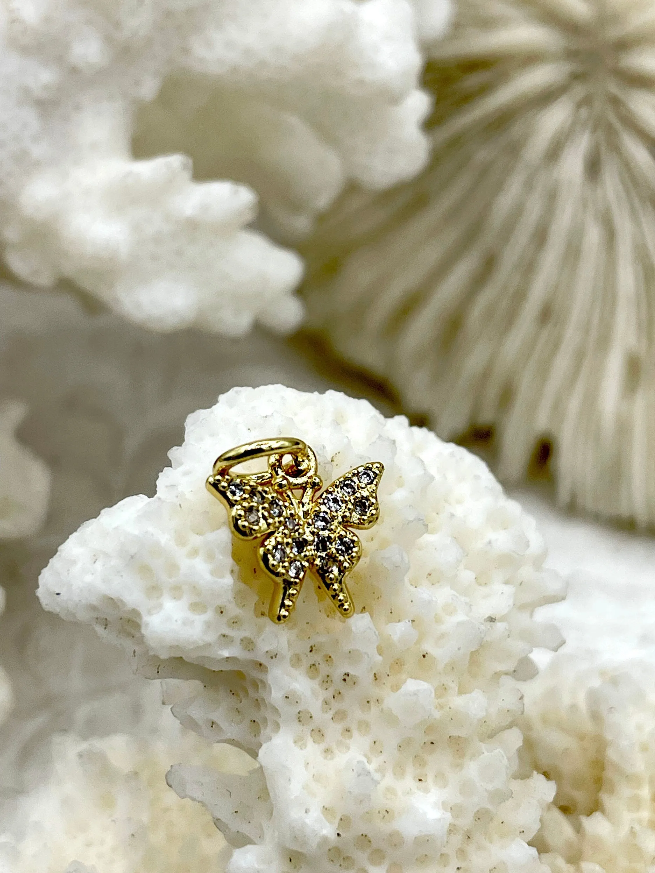 Small Butterfly Charms with CZ, Made of Plated Brass, Gold or Silver, Brass and Clear Cubic Zirconia Small Butterfly Pendants. Fast Ship