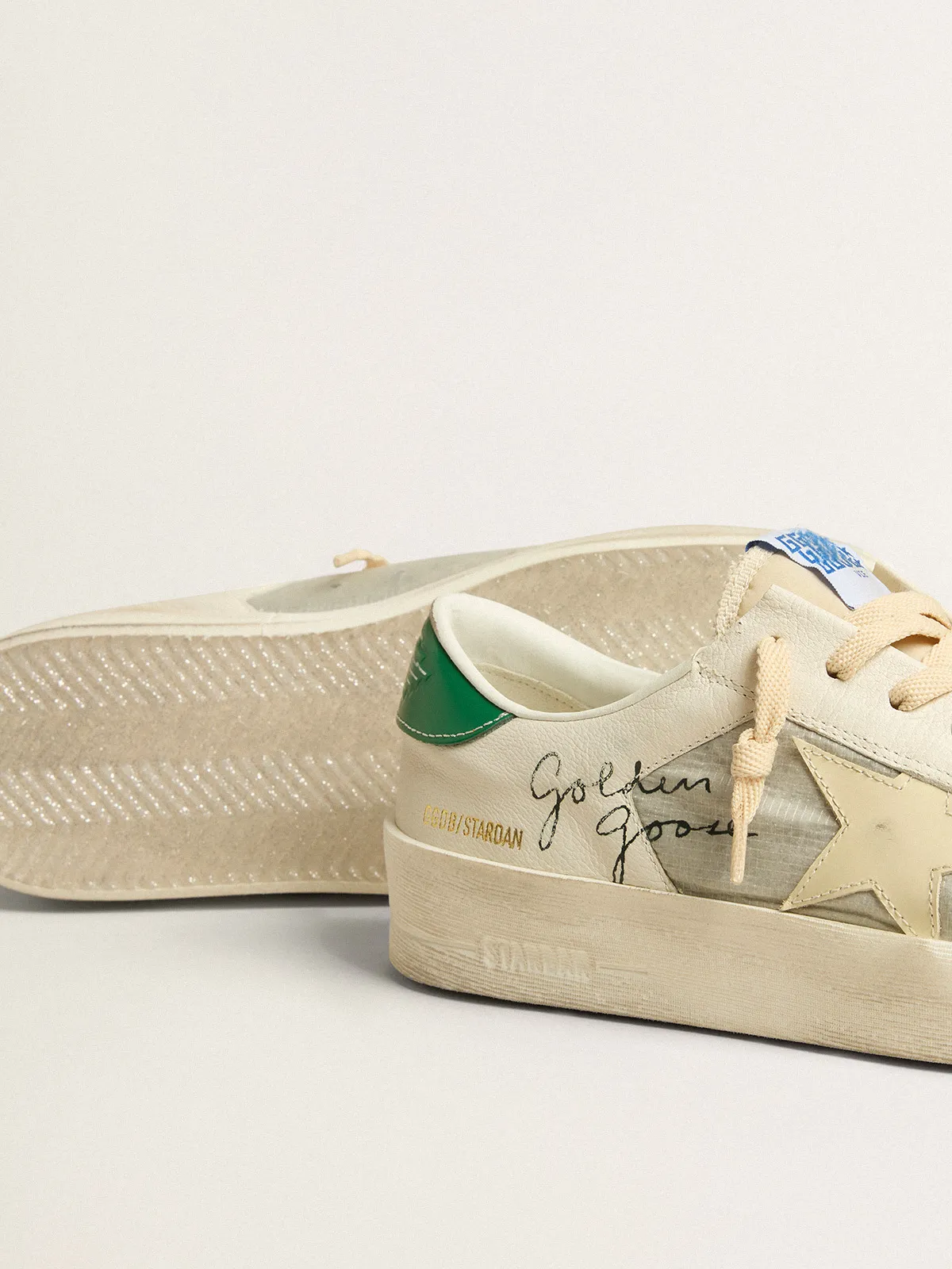 Stardan in nappa leather and ripstop fabric with cream star and green heel tab