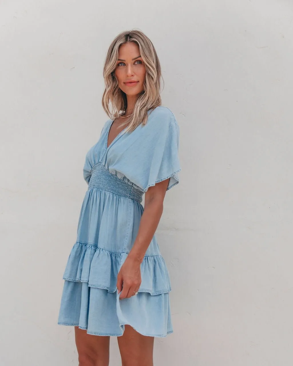 Sylvie Smock Tiered Mini Dress - Chambray