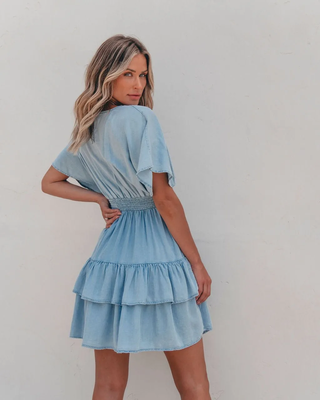 Sylvie Smock Tiered Mini Dress - Chambray