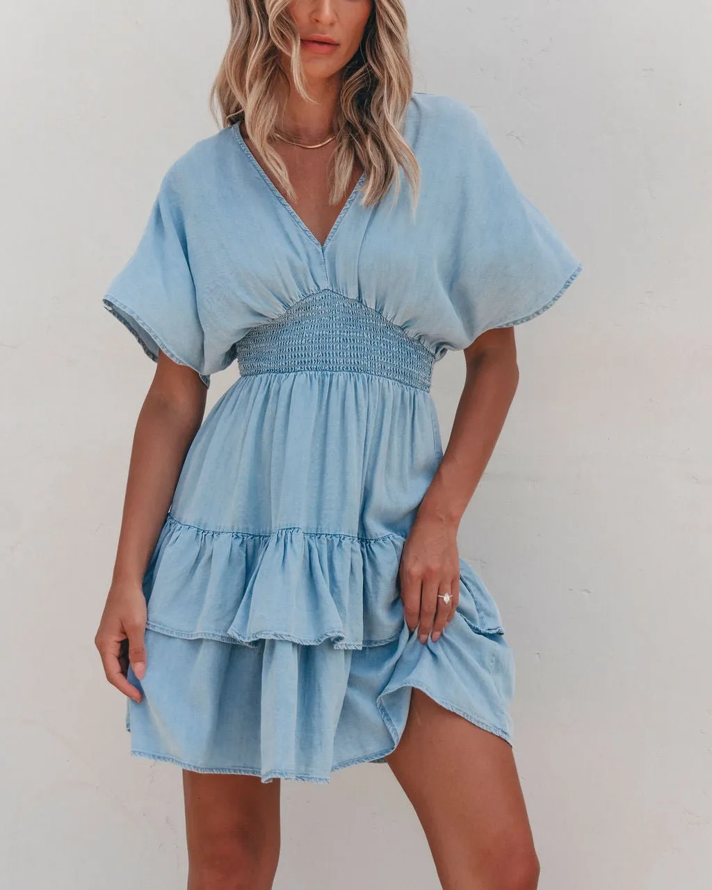 Sylvie Smock Tiered Mini Dress - Chambray