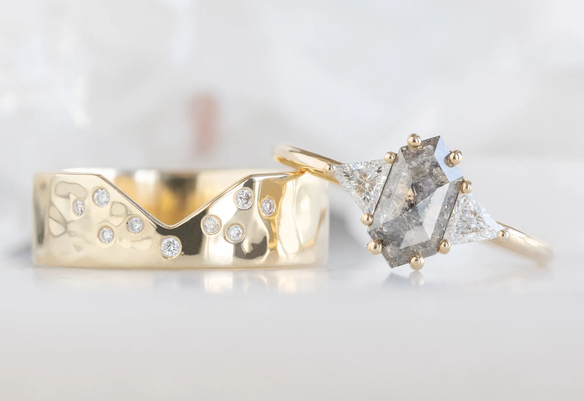 The Jade Ring with a Salt and Pepper Hexagon Diamond