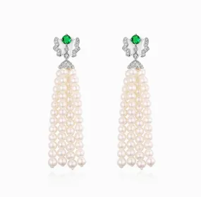 THIALH - FAUNA & FLORA - Butterfly Emerald, Mother of Pearl and Diamond Tassel Pearl Earrings